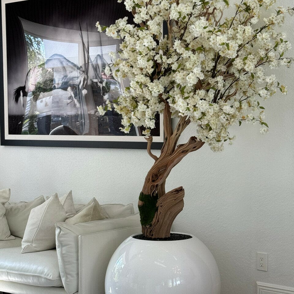Shiny white globe vase with personalized cherry blossom tree