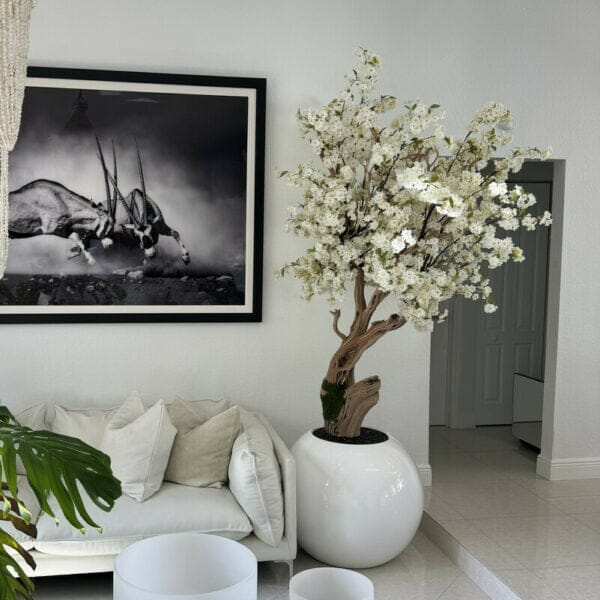 Shiny white globe vase with personalized cherry blossom tree