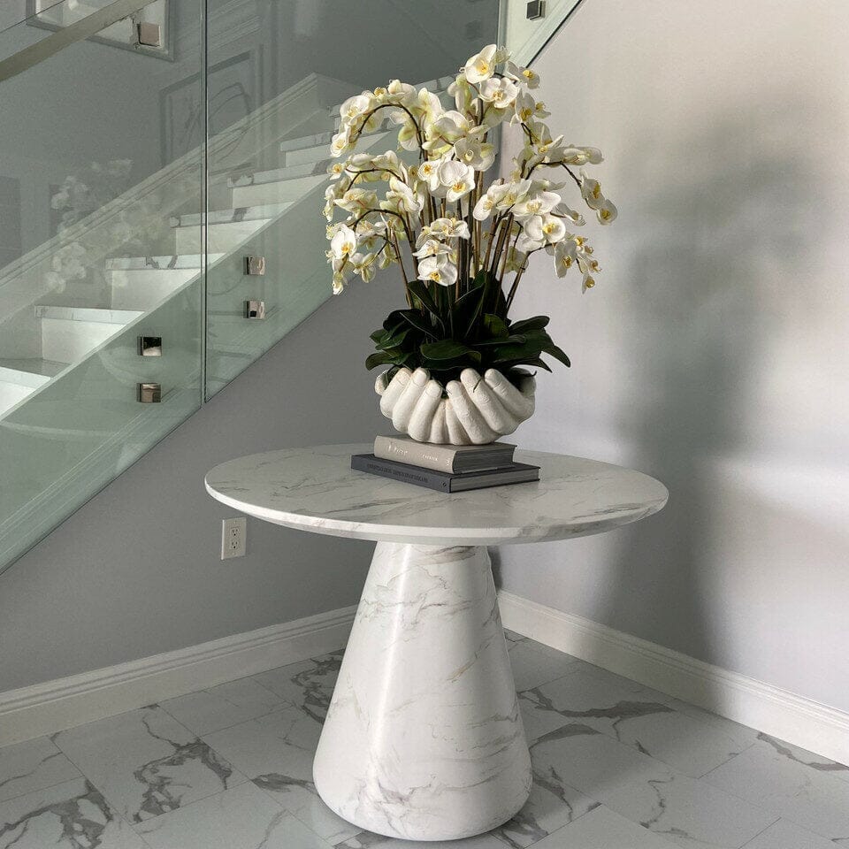 White Phalaenopsis Orchids in Vase with Sculpture "Open Hands"