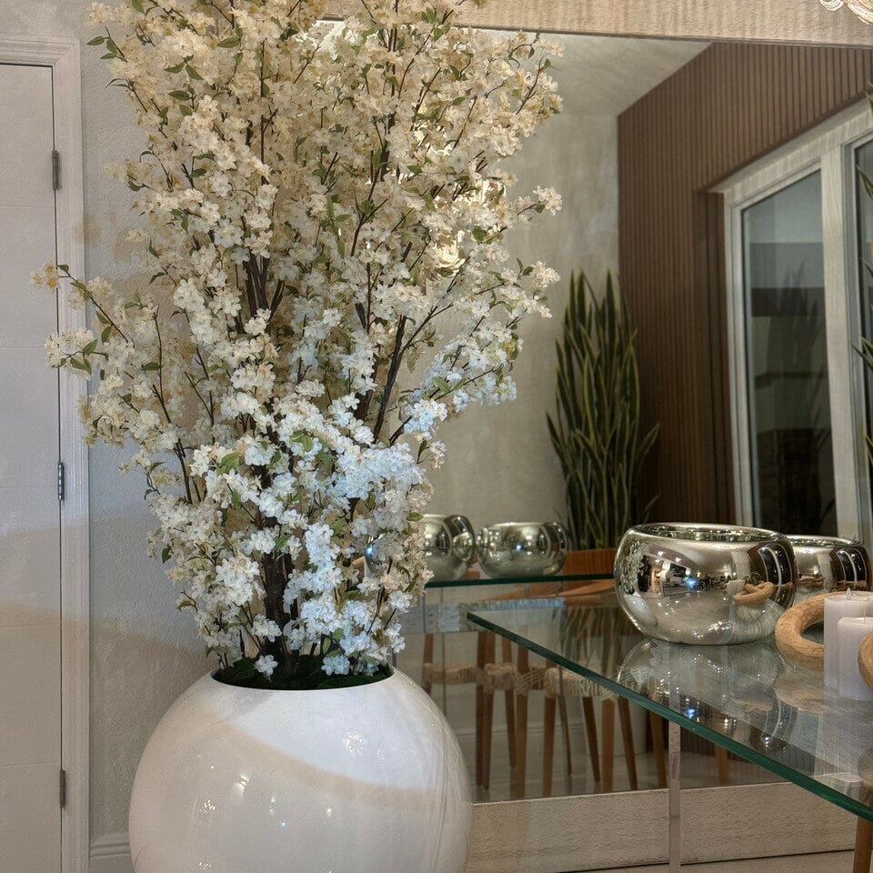 30" Glossy White Globe Vase with White Cherry Blossom Branches