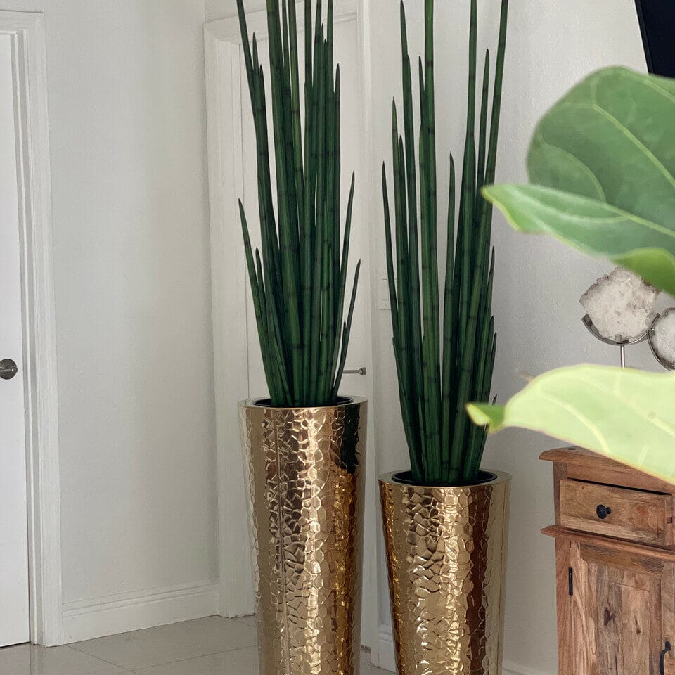 Conical Vase made of Gold-Colored Stainless Steel with Large Snake Grass