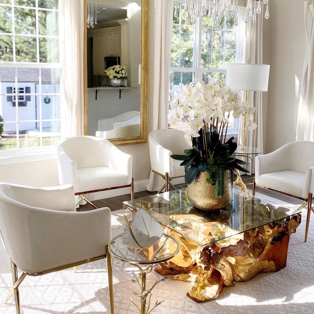 Delaney Gold Vase with Multiple Phalaenopsis Orchid Stems and Succulents