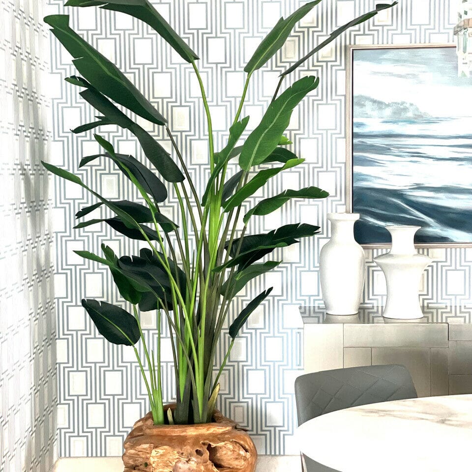 Large Vase Made of Teak Wood with Magnificent Strelitzia (Bird of Paradise)