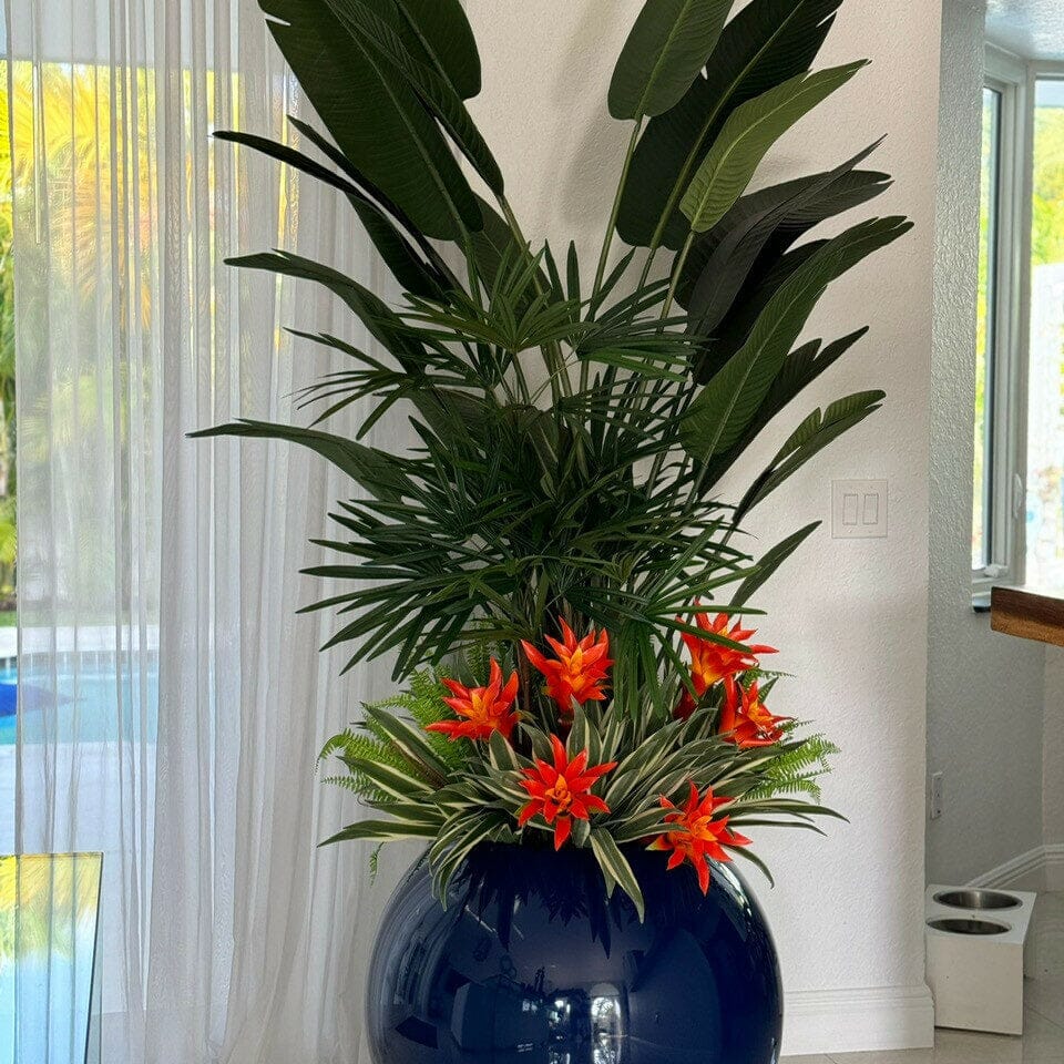 Mix of Tropical Plants in Cobalt Blue Globe Pot
