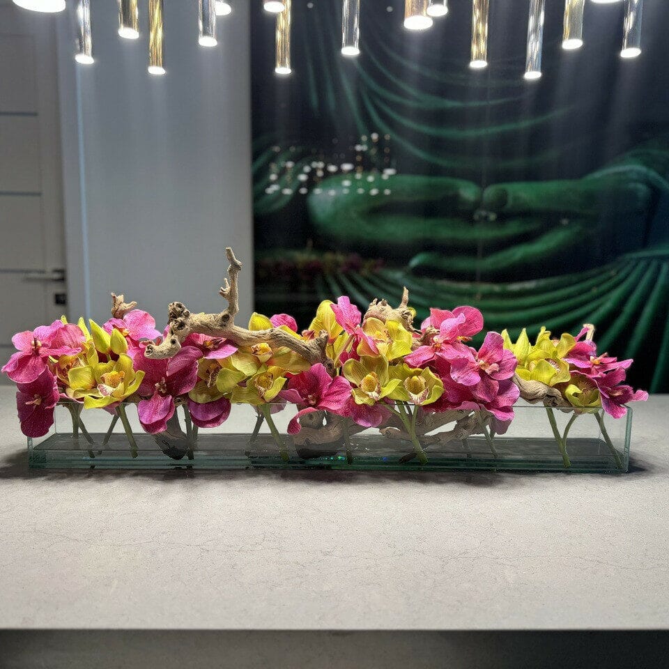 Modern House Glass Vase with Pink Vanda Orchids and Green Cymbidiums