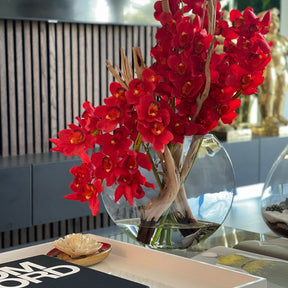 Red Cymbidium Orchids in Moon Planter