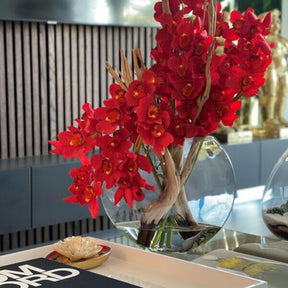 Red Cymbidium Orchids in Moon Planter