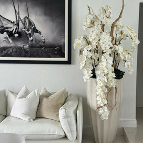 San Jose Beige Sand Vase with White Orchids in Cascade