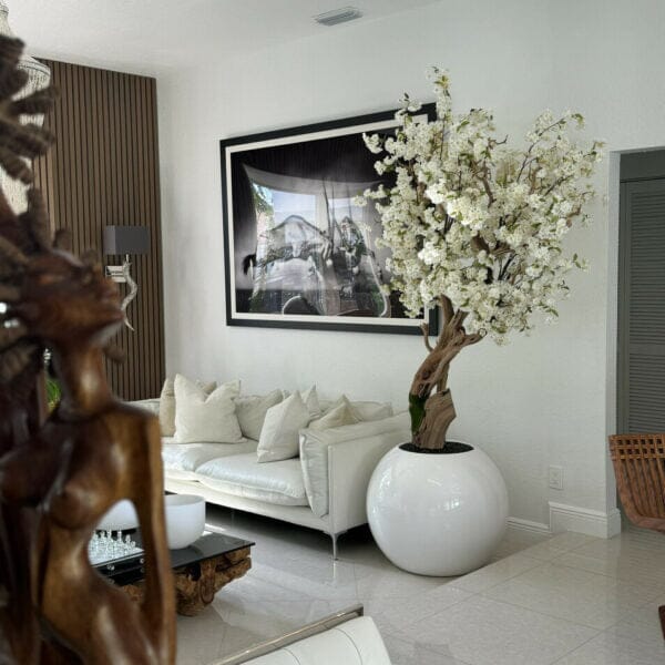 Shiny white globe vase with personalized cherry blossom tree