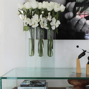Triple vase with white tulips
