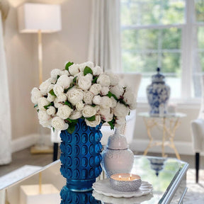 White English Roses in Blue Textured Vase