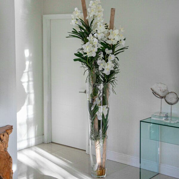 White Vanda Orchids and Driftwood Inside a Large Conical Glass Cylinder